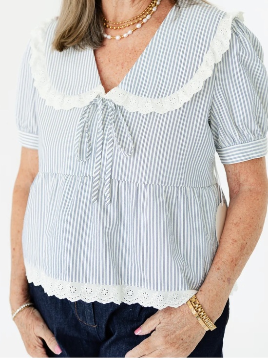 Bailey Rose Tops - Bailey rose Women’s Blue Stripe Lace-Trim Blouse